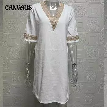 Летнее женское платье, однотонное элегантное платье с v-образным вырезом и средними рукавами S белый