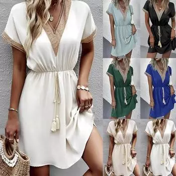 Летнее женское платье, однотонное кружевное платье с v-образным вырезом и талией с коротким рукавом 3XL белый