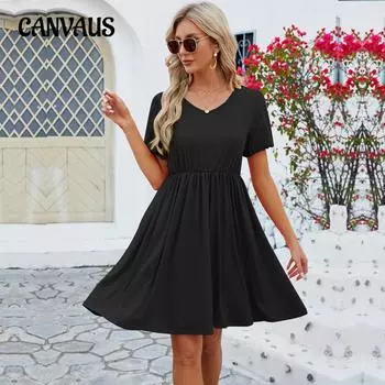 Летнее женское платье, однотонное плиссированное свободное платье с V-образным вырезом и пышными рукавами, модные платья S белый