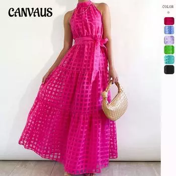 Летнее женское платье, однотонное, повседневное, с воротником-стойкой, без рукавов, с поясом и завязками, платье с большим подолом, длинное платье