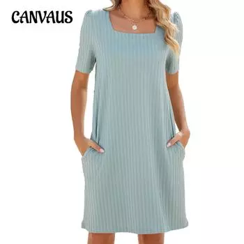 Летнее женское платье, однотонное, с квадратным вырезом, с коротким рукавом, свободные карманные платья S чёрный