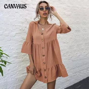 Летнее женское платье, однотонное, с лацканами, с высокой талией, удобные повседневные платья с рюшами на пуговицах S зелёный