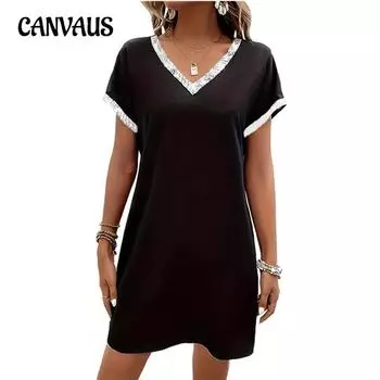 Летнее женское платье, однотонное сексуальное модное лоскутное платье с v-образным вырезом и коротким рукавом из бисера S чёрный
