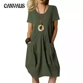 Летнее женское платье, однотонное свободное платье с круглым вырезом и коротким рукавом S чёрный