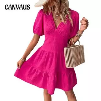 Летнее женское платье, однотонное, тонкое, с высокой талией и v-образным вырезом, с рукавами миди S