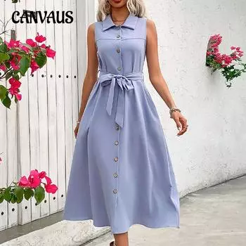 Летнее женское платье, однотонные платья-рубашки средней длины S синий