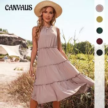 Летнее женское платье Платье-майка с эластичной резинкой на талии, однотонное платье без рукавов с рюшами и деревянным краем уха, отпускное платье S хаки