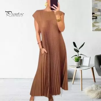 Летнее женское платье плиссированное без рукавов с круглым вырезом Свободное однотонное дышащее мягкое трапециевидное боковые карманы длиной до щиколотки Повседневная поездка на отдых на пляже L жёлтый