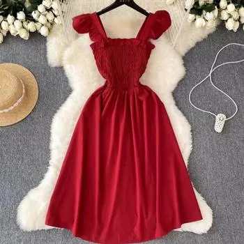 Летнее женское платье, плиссированное праздничное короткое платье без рукавов, однотонное корейское уличное платье, одежда для отдыха One Size светло-розовый