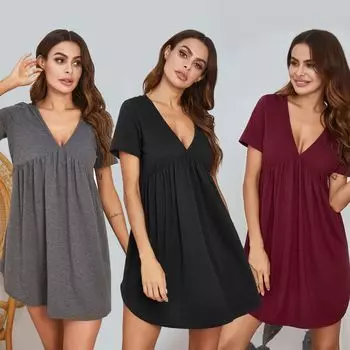 Летнее женское платье, повседневное домашнее пижамное платье с v-образным вырезом и короткими рукавами для женщин S чёрный