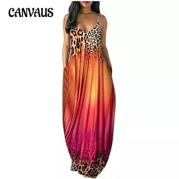 Летнее женское платье, повседневное платье с принтом, градиентные цвета, длинные свободные платья с лямкой на шее S