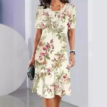 Летнее женское платье повседневное платье с круглым вырезом и цветочным принтом с короткими рукавами S абрикосовый