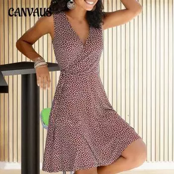 Летнее женское платье, повседневное тонкое темпераментное элегантное платье без рукавов с завязками и принтом S чёрный