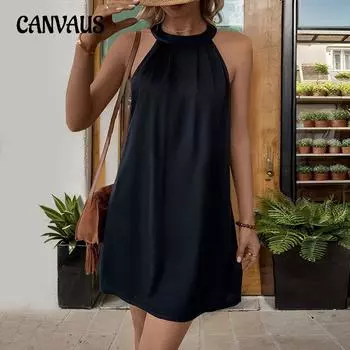 Летнее женское платье, повседневные черные платья без рукавов с висячим вырезом S чёрный