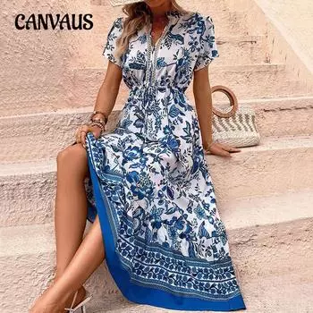 Летнее женское платье, повседневные длинные платья трапециевидной формы с этническим принтом S синий