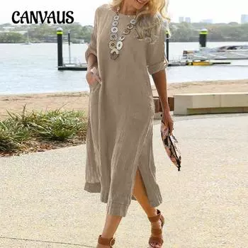 Летнее женское платье, повседневные винтажные длинные платья-рубашки, длинные платья с длинным рукавом и разрезом