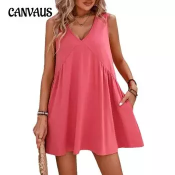 Летнее женское платье, повседневный жилет без рукавов с v-образным вырезом, свободные платья S абрикосовый