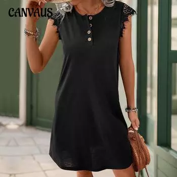 Летнее женское платье, простые однотонные кружевные платья с круглым вырезом S чёрный