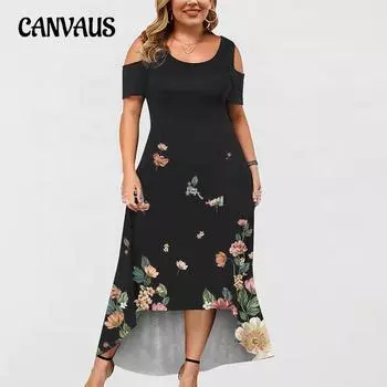 Летнее женское платье размера плюс без бретелек Большие распашные платья Длинные платья с круглым вырезом и принтом