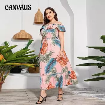 Летнее женское платье размера плюс на одно плечо с принтом, большое свободное платье с рюшами, пляжные платья для отдыха на берегу моря S синий