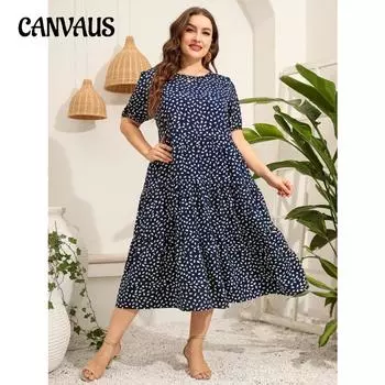 Летнее женское платье размера плюс, нерегулярное платье в горошек с коротким рукавом, свободные длинные платья с круглым вырезом и большим подолом XL чёрный