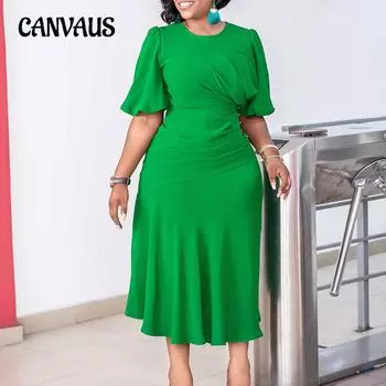Летнее женское платье размера плюс, однотонное платье с круглым вырезом и рукавами-пузырьками, тонкая талия, платья S зелёный