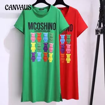 Летнее женское платье размера плюс, платья-футболки средней длины XL красный