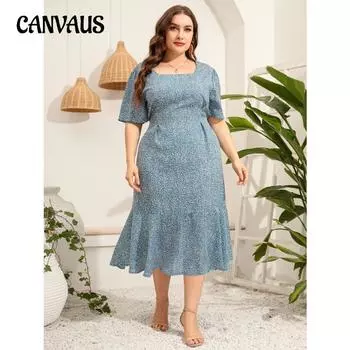 Летнее женское платье размера плюс с квадратным вырезом и коротким рукавом, тонкие платья с цветочным принтом «рыбий хвост» XL