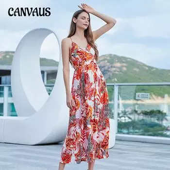 Летнее женское платье размера плюс с открытой спиной, длинное платье с v-образным вырезом и принтом в богемном стиле S оранжевый