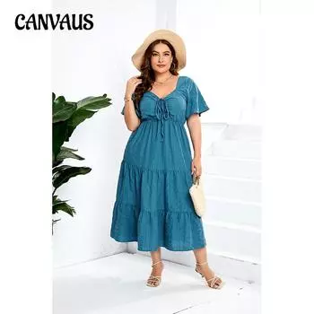 Летнее женское платье размера плюс с v-образным вырезом и высокой талией, платья с длинными короткими рукавами XL синий