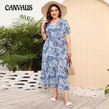 Летнее женское платье размера плюс с v-образным вырезом и цветочным принтом. Пляжные платья для отдыха на море. Свободные длинные платья.
