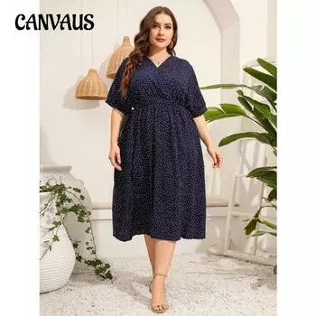 Летнее женское платье размера плюс с v-образным вырезом и коротким рукавом, корсетное платье, тонкие круглые длинные платья в горошек XL чёрный