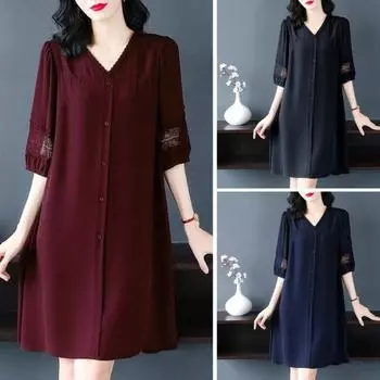 Летнее женское платье размера плюс с V-образным вырезом, свободные половинки рукавов, сплошной цвет, ажурное кружево, однобортное платье длиной до колена, плюс размер, трапециевидное платье миди 4XL чёрный