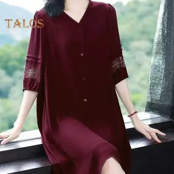 Летнее женское платье размера плюс с V-образным вырезом, свободные половинки рукавов, сплошной цвет, ажурное кружево, однобортное платье длиной до колена, плюс размер, трапециевидное платье миди L вино красного