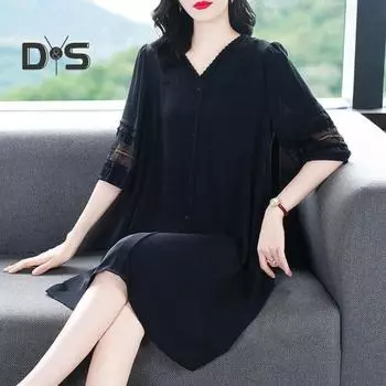 Летнее женское платье размера плюс с V-образным вырезом, свободные половинки рукавов, сплошной цвет, ажурное кружево, однобортное платье длиной до колена, плюс размер, трапециевидное платье миди 4XL чёрный