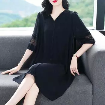 Летнее женское платье размера плюс с V-образным вырезом, свободные половинки рукавов, сплошной цвет, ажурное кружево, однобортное платье длиной до колена, плюс размер, трапециевидное платье миди 4XL чёрный