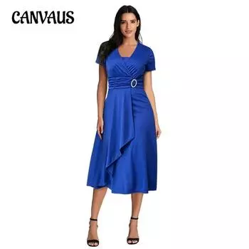 Летнее женское платье размера плюс, сексуальное асимметричное распашное платье миди с v-образным вырезом и высокой талией, однотонные вечерние платья