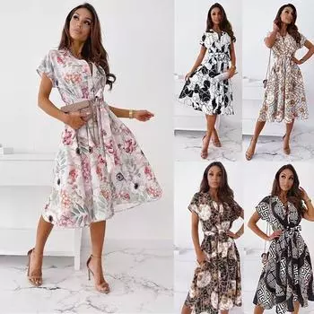 Летнее женское платье-рубашка на шнуровке с поясом, вечернее платье с v-образным вырезом и пуговицами, с коротким рукавом, винтажное платье-миди трапециевидной формы с принтом S абрикосовый