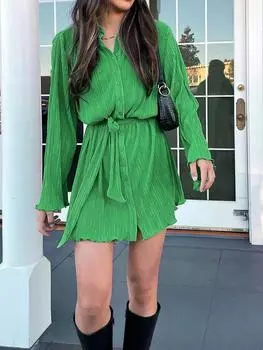 Летнее женское платье-рубашка, плиссированное, с расклешенными рукавами, на шнуровке, длинная рубашка, мини-платье с высокой талией, новый весенний повседневный сексуальный женский наряд S зелёный