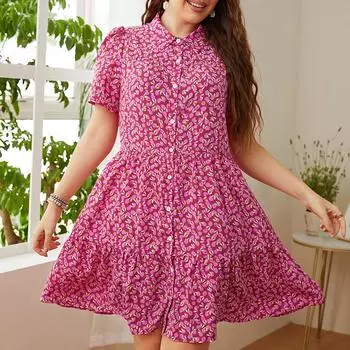 Летнее женское платье-рубашка с цветочным принтом, короткое платье на пуговицах с короткими рукавами и рюшами для работы, клубное вечернее платье, дышащее легкое платье 1XL розовый