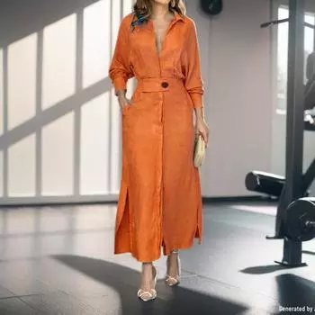 Летнее женское платье-рубашка с нерегулярным длинным рукавом и завязкой на талии, 2024 XL красный/оранжевый