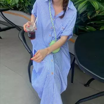 Летнее женское платье-рубашка в полоску с коротким рукавом плюс размер, свободное повседневное платье на пуговицах с лацканами, элегантные офисные женские модные платья 24301 M синий