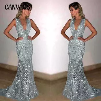 Летнее женское платье «Рыбий хвост» Ежегодное вечернее длинное сексуальное платье без рукавов с v-образным вырезом S золотой