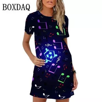 Летнее женское платье с 3D-принтом в виде нот, мини-платье, уличная одежда, повседневное платье с коротким рукавом для девочек и женщин S