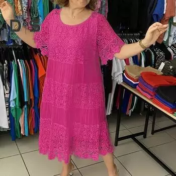 Летнее женское платье с ажурным кружевом и круглым вырезом, плиссированное однотонное платье до середины икры, свободный пуловер с короткими рукавами и цветочной вышивкой, платье миди XXL розы красного