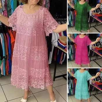 Летнее женское платье с ажурным кружевом и круглым вырезом, плиссированное однотонное платье до середины икры, свободный пуловер с короткими рукавами и цветочной вышивкой, платье миди XXL розы красного