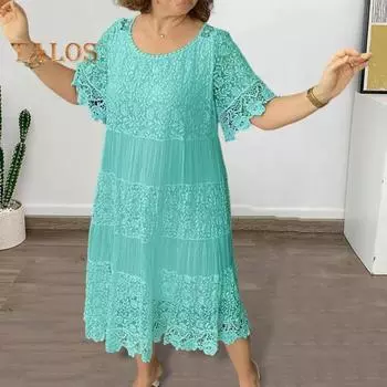 Летнее женское платье с ажурным кружевом и круглым вырезом, плиссированное однотонное платье до середины икры, свободный пуловер с короткими рукавами и цветочной вышивкой, платье миди
