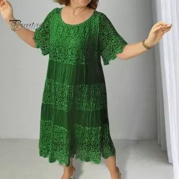 Летнее женское платье с ажурным кружевом и круглым вырезом, плиссированное однотонное платье до середины икры, свободный пуловер с короткими рукавами и цветочной вышивкой, платье миди XL зелёный