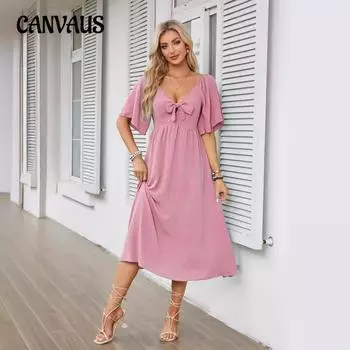 Летнее женское платье с бантом и V-образным вырезом, плиссированные платья средней длины с короткими рукавами S белый