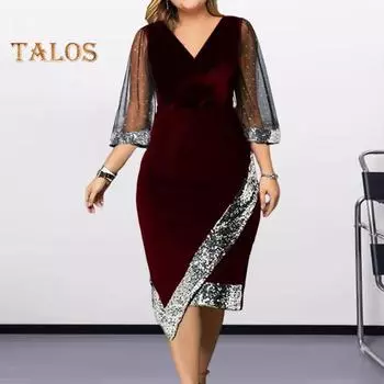 Летнее женское платье с блестками, прозрачная сетка, рукава три четверти, неровный подол, контрастный цвет, приталенный крой, V-образный вырез, длина до колена, вечеринка, выпускной миди S темно-зеленого